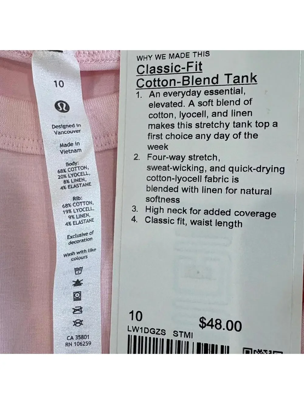 Lululemon Classic Fit Cotton Blend tank Strawberry Milkshake